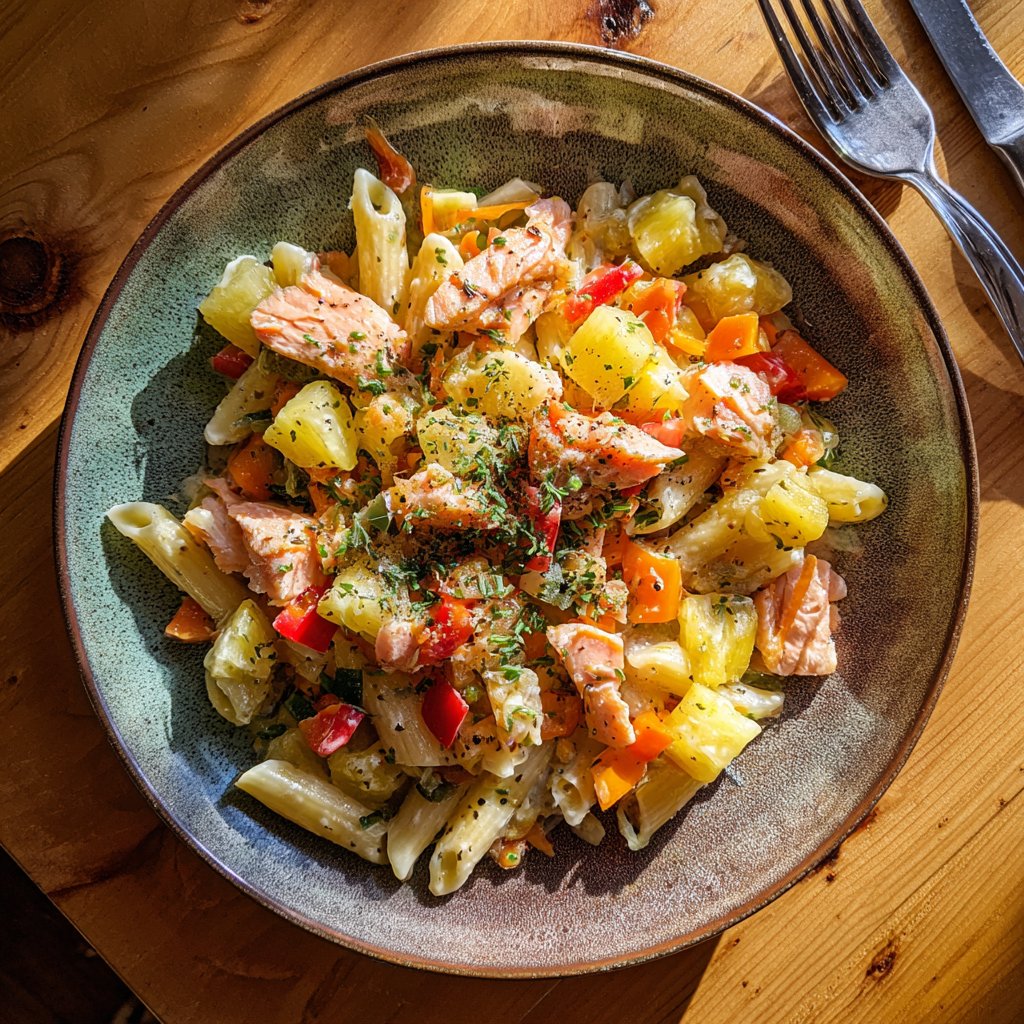 Fruchtige Lachs-Pasta mit Ananas