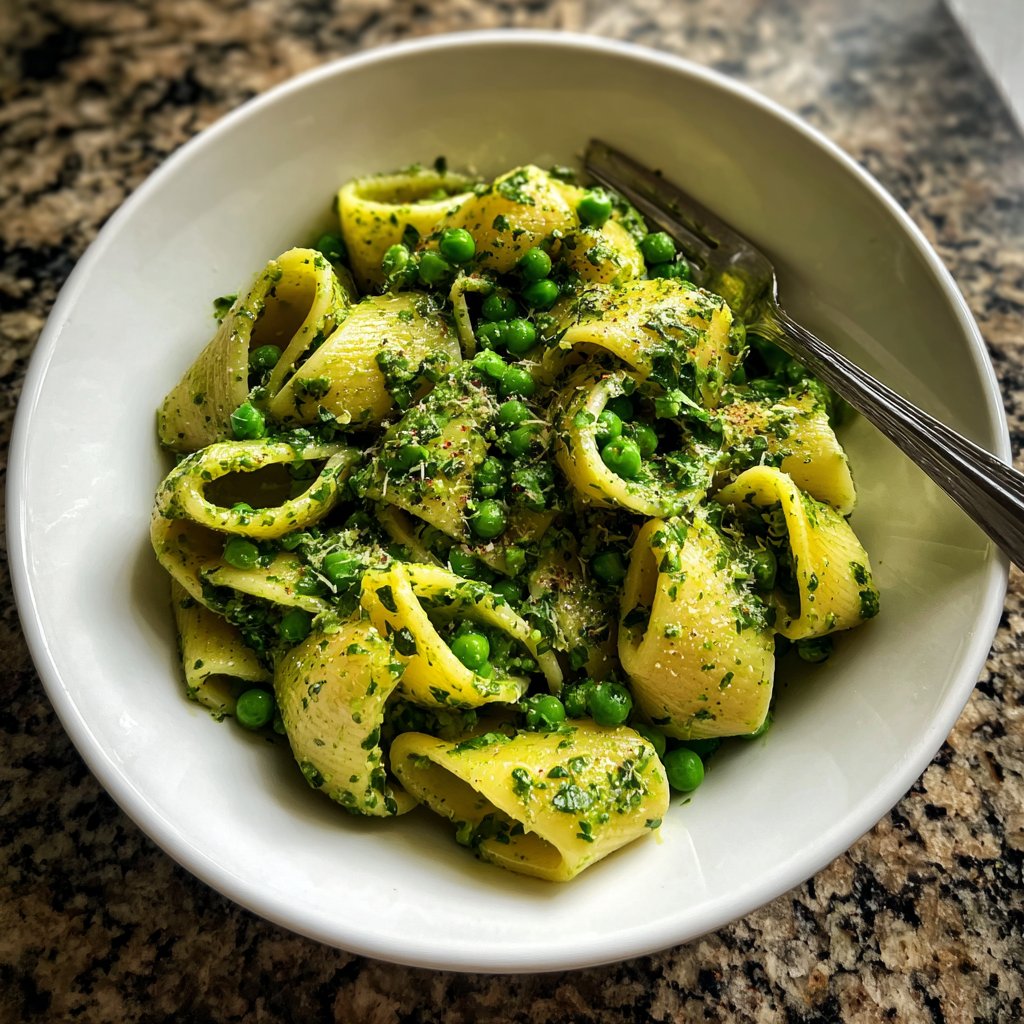 Vegan Pesto und Erbsen-Rigatoni