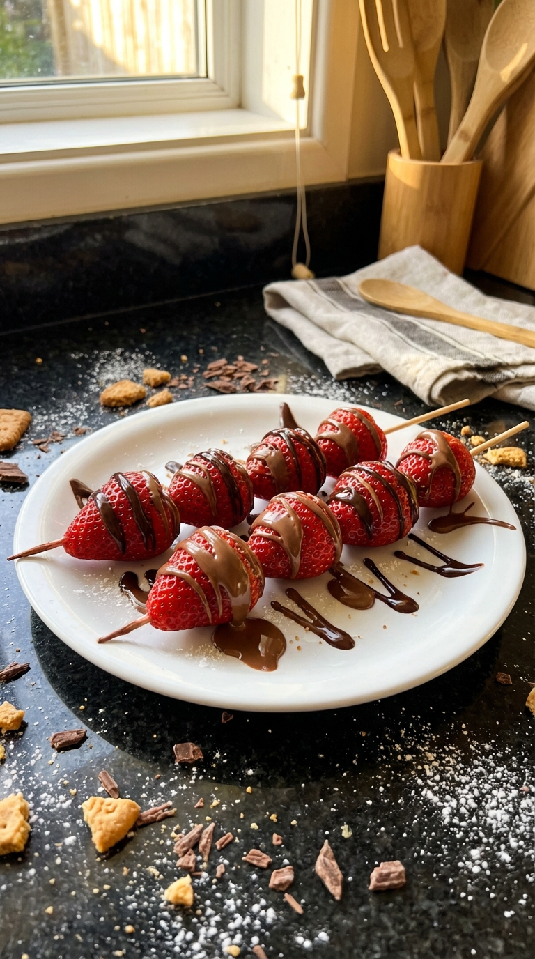 Mit Schokolade Beträufelte Erdbeer Spieße​