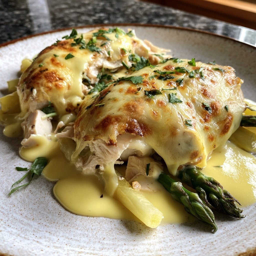 Raclette mit Hähnchenwürfeln, Spargel, Erbsen und Sauce Hollandaise​