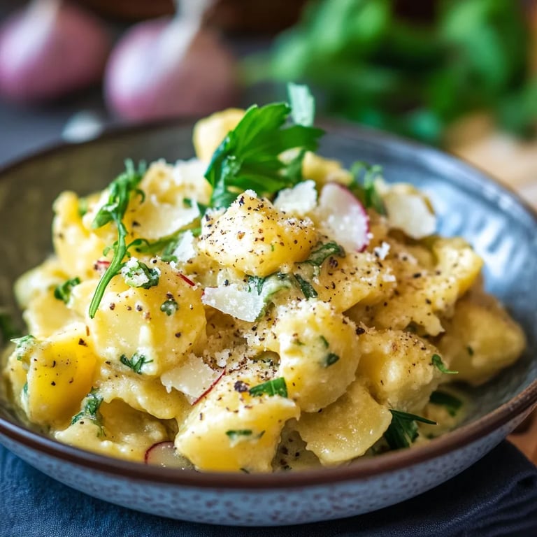 Kartoffelsalat mit Brühe, Essig und Öl
