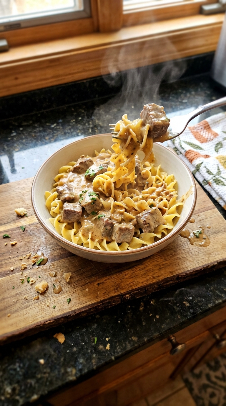 Rind Stroganoff auf Nudeln