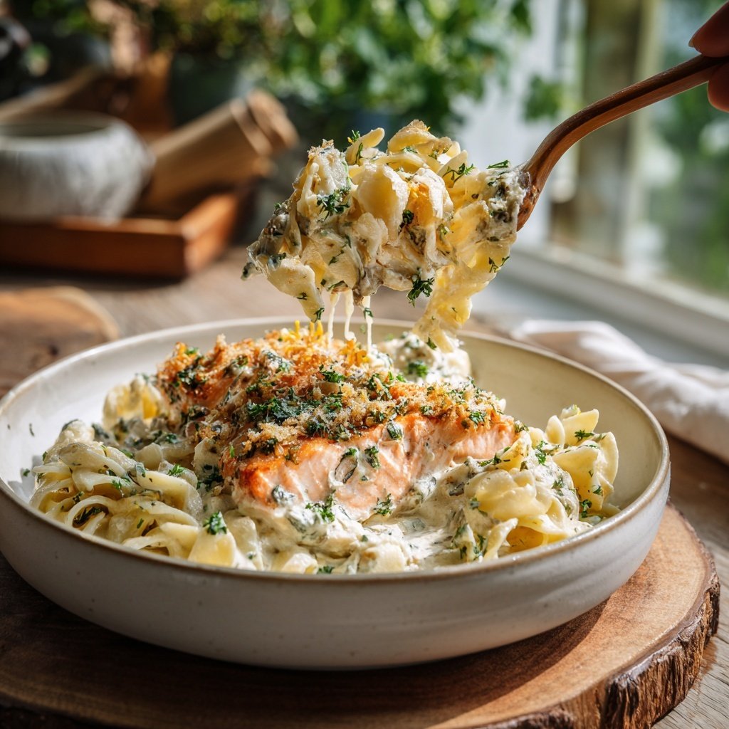 Kräuterlachs mit cremiger Pasta